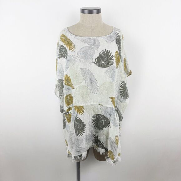 Umgee Oversized Linen Top Feather Print White Gray Blouse - Picture 1 of 16